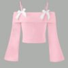 Coquette Pink Rib-Knit Off-Shoulder Top with White Bows