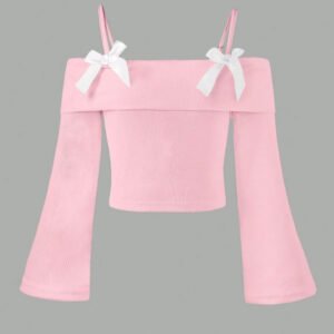 Coquette Pink Rib-Knit Off-Shoulder Top with White Bows
