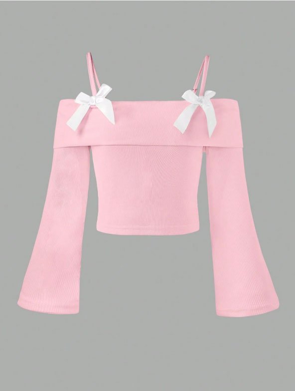 Coquette Pink Rib-Knit Off-Shoulder Top with White Bows