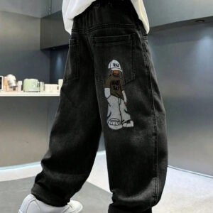 Tween Boy Fashionable Casual Washed Cartoon Embroidered Denim Jeans