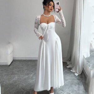 Romantic Lace-Sleeve Sweetheart Maxi Dress in White