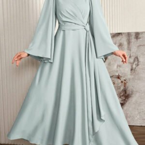 Modelyn Women Elegant Solid Color Bell Sleeve Arabic Dress