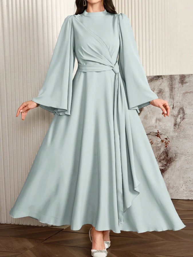 Modelyn Women Elegant Solid Color Bell Sleeve Arabic Dress