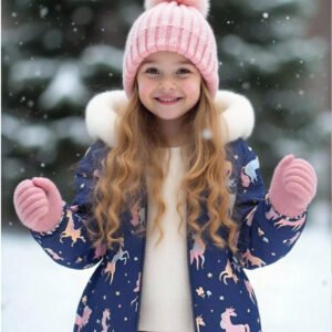 Elladie Kids Girls' Winter Unicorn Print Hooded Puffer Jacket with Faux Fur Trim