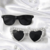 2pcs Bride & Groom Pearl Inlaid Heart & Square Black Frame Decorative Glasses