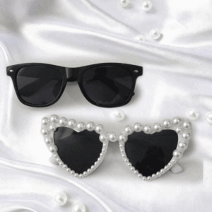 2pcs Bride & Groom Pearl Inlaid Heart & Square Black Frame Decorative Glasses