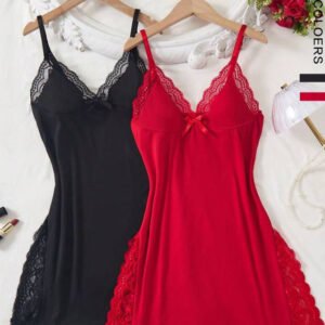 2pcs Lace Patchwork, Bow Decor, Romantic Side Slit Camisole Nightgown