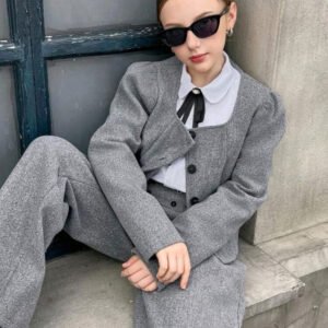 Girls' Sophisticated 2-Piece Tweed Blazer & Wide-Leg Trouser Suit Set
