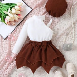 Baby Girls' Asymmetric Shoulder T-shirt And Bowknot Skirt Set With Hat