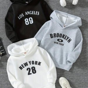 3 Kids Varsity Graphic Hoodies Collection – Cozy Long-Sleeve Sweatshirts (Los Angeles & New York Designs)