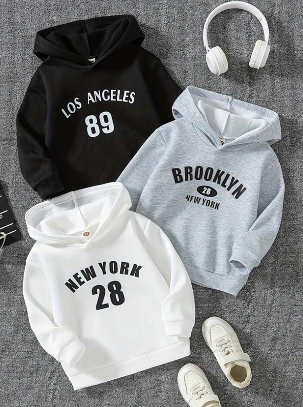 3 Kids Varsity Graphic Hoodies Collection – Cozy Long-Sleeve Sweatshirts (Los Angeles & New York Designs)
