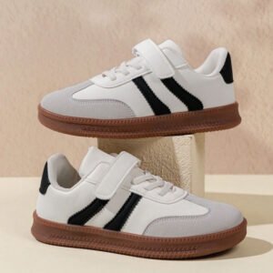 Kids' Retro Court Sneakers – Classic Low-Top Casual Trainer with Hook-and-Loop Strap & Gum Sole