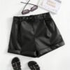 Tween Girl Rolled Hem Belted PU Leather Short