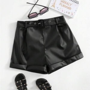 Tween Girl Rolled Hem Belted PU Leather Short
