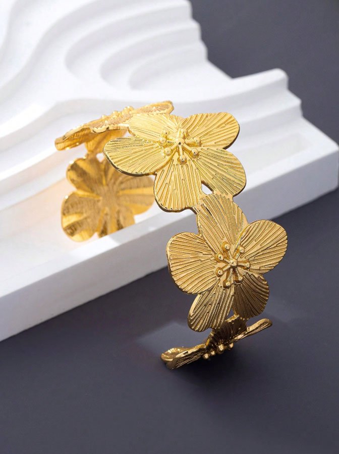 Statement Gold Floral Cuff Bracelet – Textured Botanical Open Bangle
