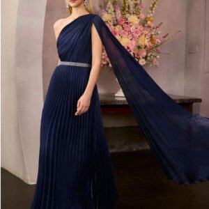 One-Shoulder Pleated Evening Gown in Midnight Blue