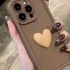 Minimalist Matte Brown Heart Phone Case – Soft Silicone Shockproof Protective Cover
