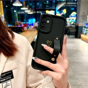 Matte Black Phone Case with Hand Strap – Gold Heart Grip & Wristlet Strap Cover