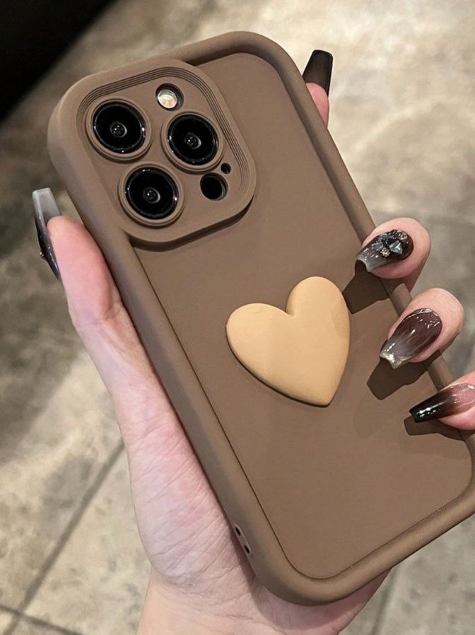 Minimalist Matte Brown Heart Phone Case – Soft Silicone Shockproof Protective Cover