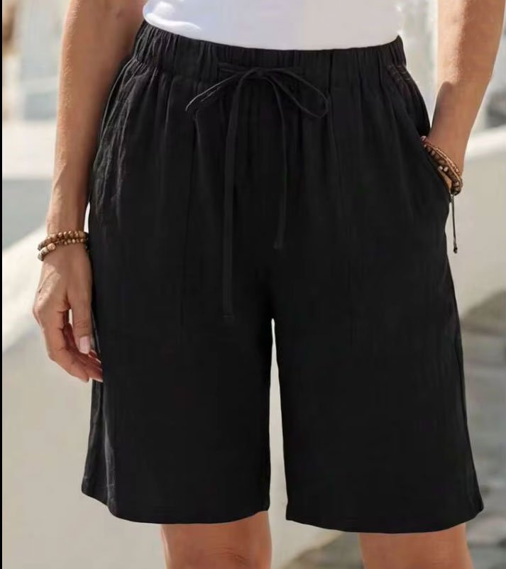 Relaxed Black Linen Drawstring Shorts