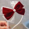 Vintage Pearl Headband with Red Velvet & Lace Bow – Elegant Coquette Hair Accessory