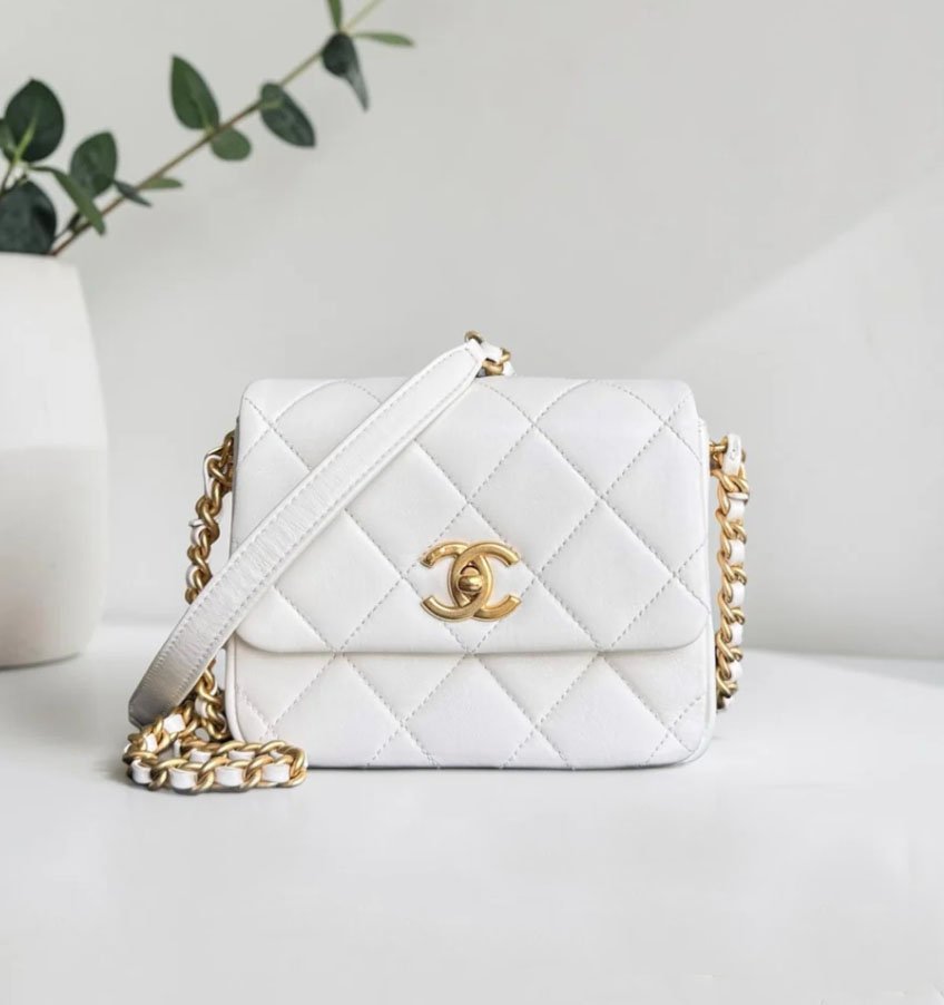 Classic white Quilted Mini Top-Handle Flap Bag with Gold-Tone Hardware