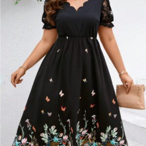 Women’s Scalloped Neckline Lace Puff Sleeve Midi Dress with Floral & Butterfly Border Print
