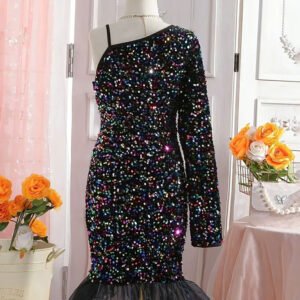 Multicolor Sequin One-Shoulder Party Dress