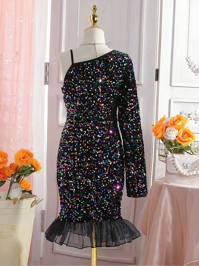 Multicolor Sequin One-Shoulder Party Dress