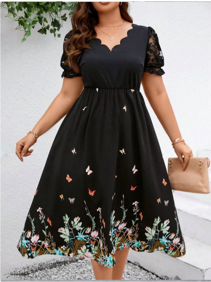 Women’s Scalloped Neckline Lace Puff Sleeve Midi Dress with Floral & Butterfly Border Print
