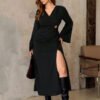 Women’s Elegant Black Wrap Maxi Dress – Long Bell Sleeve High Slit Evening Dress