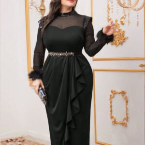 Women’s Elegant Black Mesh & Sequin Midi Dress – Faux Fur Cuff & Rhinestone Belt Evening Gown