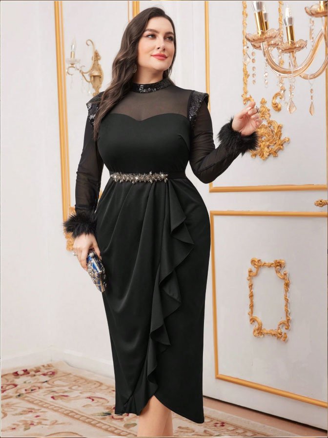 Women’s Elegant Black Mesh & Sequin Midi Dress – Faux Fur Cuff & Rhinestone Belt Evening Gown