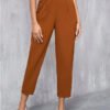 Women’s High-Waisted Belted Pleated Tailored Trousers in Rust Brown