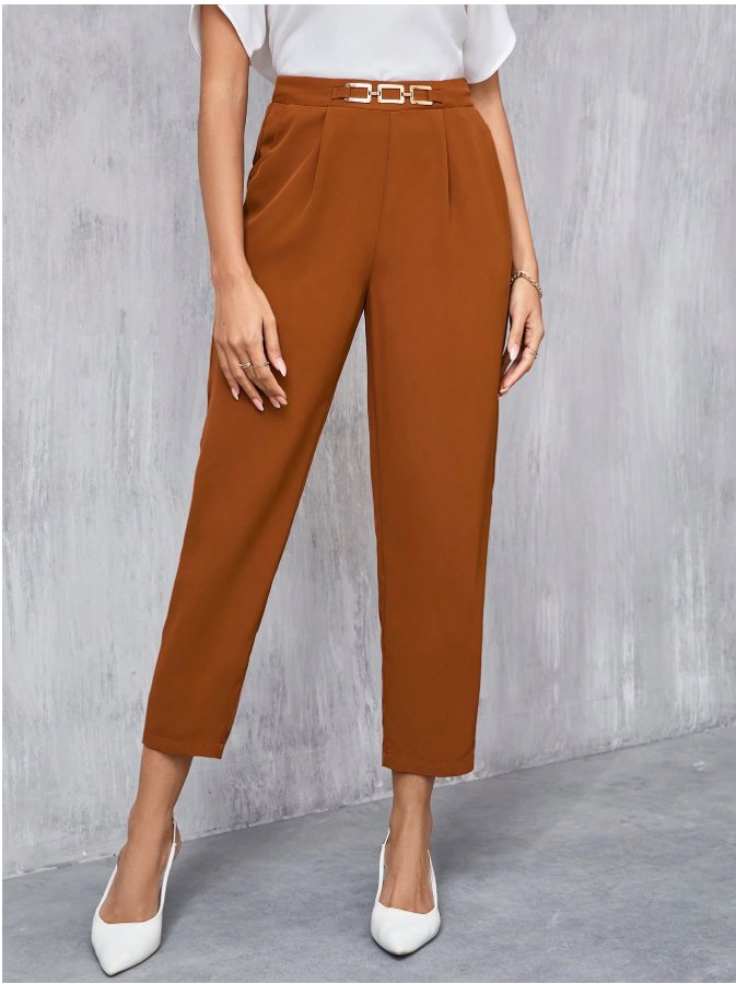Women’s High-Waisted Belted Pleated Tailored Trousers in Rust Brown