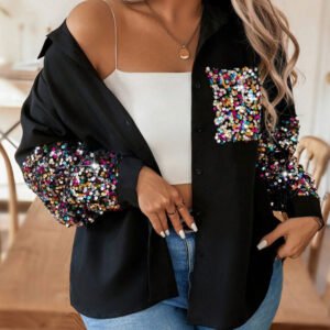 Multi-Color Sequin Patchwork Button-Down Shirt Jacket