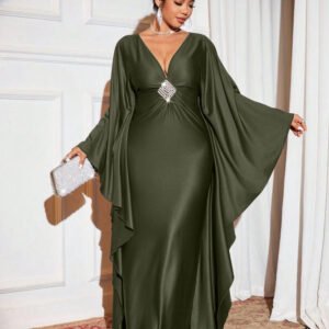 Cravure Women's Luxury Army Green Autumn Party Banquet Knit Long Caftan Dress