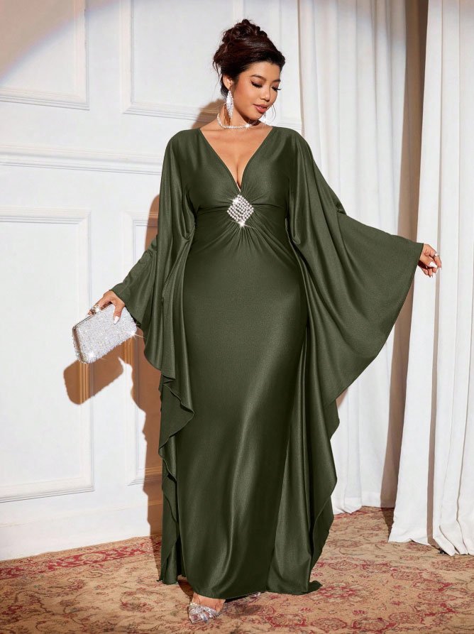 Cravure Women's Luxury Army Green Autumn Party Banquet Knit Long Caftan Dress