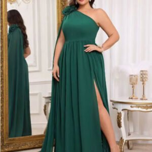 Product Title Emerald Green One-Shoulder Chiffon Maxi Evening Gown with 3D Rosette & Cape Train