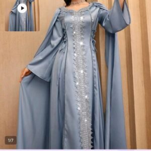 elegant, Moroccan-inspired silicone-finish satin kaftan/caftan dress in a dusty ice-blue shade.