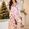 Heart Print Satin Long Sleeve Pyjama Set with Red Piping Trim