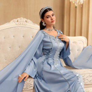 elegant, Moroccan-inspired silicone-finish satin kaftan/caftan dress in a dusty ice-blue shade.