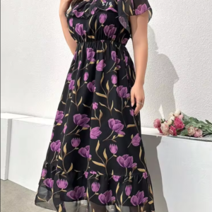 Purple Tulip Floral Print Chiffon Ruffle Midi Dress