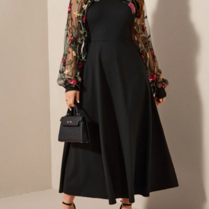 Floral Embroidered Mesh Cape Long Sleeve Mock Neck Black Dress Set