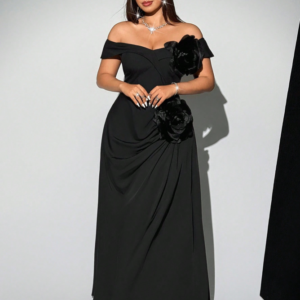 Black Off-Shoulder Draped Maxi Dress with 3D Floral Rosette Accents