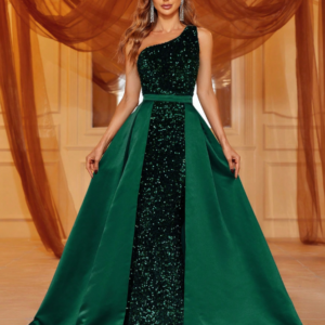 Emerald Green One-Shoulder Sequin Evening Gown with Satin Overskirt Train