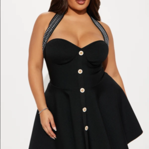 Black Rhinestone Trim Halter Neck A-Line Party Dress