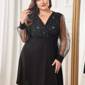 Black Glitter Sequined V-Neck Dress with Sheer Mesh Long Sleeves