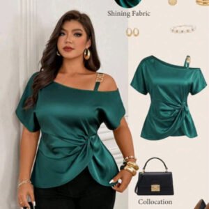 Emerald Green Satin Cold-Shoulder Twist-Front Blouse with Chain Strap