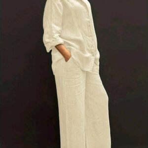 Beige Linen Long Sleeve Shirt & Wide-Leg Trousers 2-Piece Co-ord Set